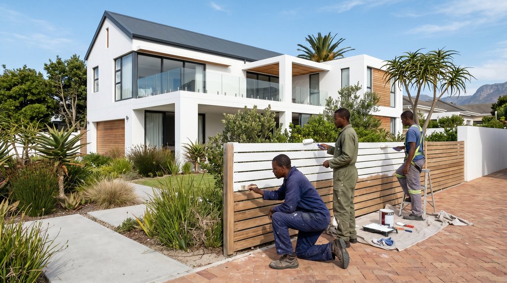 Professional fence painters painting a wooden fence at a City Bowl home in Vredehoek